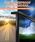 Super Solid Single Post Stair Handrail Built Heavy Duty For Outdoor Steps With Ergonomic Handles, black steel design in stormy weather.