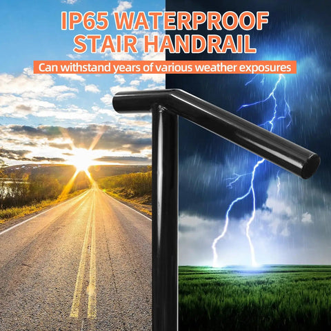 Super Solid Single Post Stair Handrail Built Heavy Duty For Outdoor Steps With Ergonomic Handles, black steel design in stormy weather.