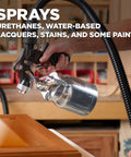 Stationary Hvlp Finishing Sprayer For Woodworkers Wanting Killer Results On Furniture Restoration Projects Using Pro Grade Metal Spray Gun for spraying a wood panel.