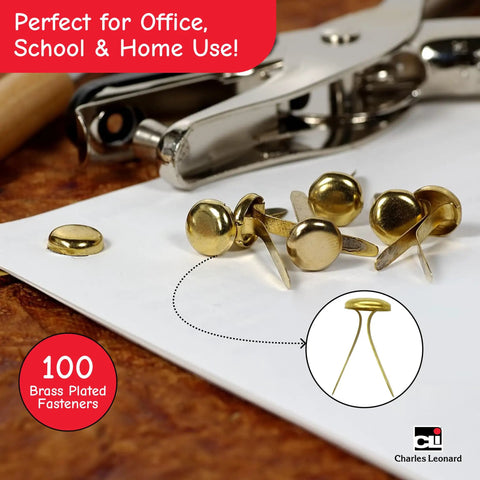 Brass Plated Round Head Fasteners With 1 Inch Shank And 10 Mm Head, 100 Pack, displayed on a desk with hole punch tools.