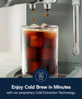 Compact Espresso Machine And Cold Brew Coffee Maker With Adjustable Milk Frother Wand For Smooth Hot Iced Lattes And Bold Cappuccinos making cold brew over a glass filled with ice.