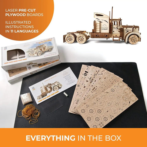 Heavy Duty 6 Cylinder Rubber Band Powered Truck Model Kit 3D Puzzle For Adults Semi Truck Hobby Build Brain Teaser Wooden Mechanical Kit For Home Decor And Collectors, laser-cut plywood parts and instructions