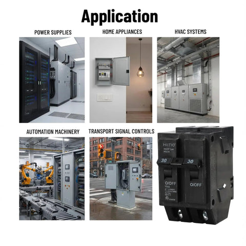 2 Pole 60A Thermal Magnetic Miniature Circuit Breaker Plug In Panel Mount With Tool Free Install And 10KA Breaking Capacity For Residential And Light Commercial MCB UL Listed, shown with multiple application examples including power supplies and HVAC systems.