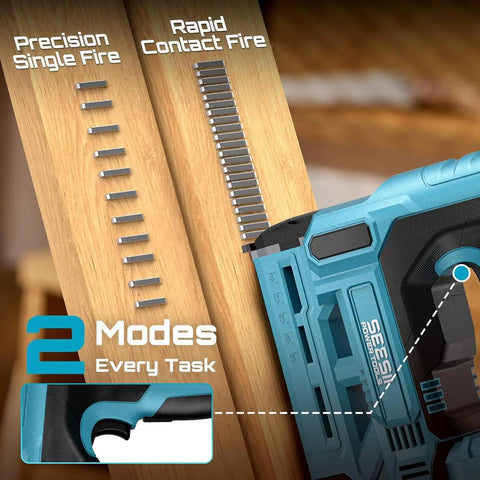 Lightweight Cordless Brad Nailer And Staple Gun With Battery Included showing precision single fire and rapid contact fire modes.