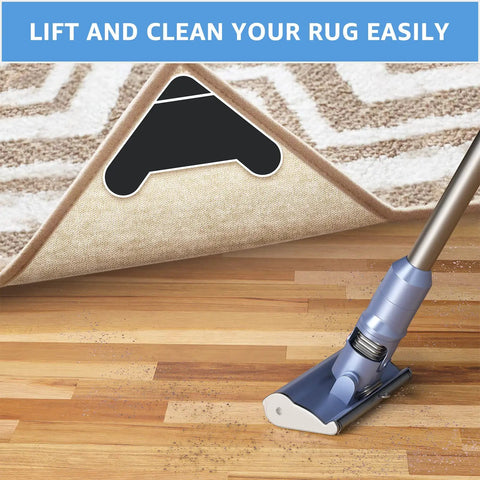 Non Slip Triangle Rug Grippers 16 Pack For Area Rugs Dual Sided Rug Pads For Hardwood Floors And Tiles Reusable Adhesive Carpet Tape That Keeps Rugs Staying Put From Curling Or Slipping Black under a rug corner showing secure grip.