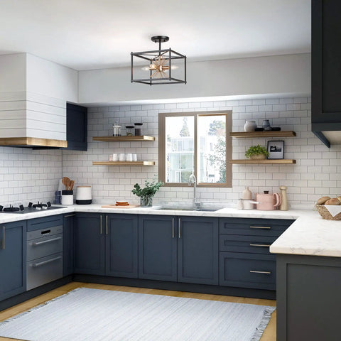 Sick Black Semi Flush Mount Ceiling Light With Dope Gold Starburst Accent in a modern kitchen setting.