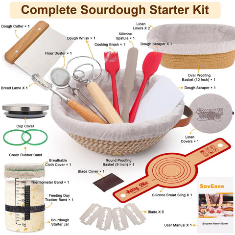 Ultimate Sourdough Starter Kit With 9 Inch Round And 10 Inch Oval Proofing Baskets, tools, covers, and accessories displayed