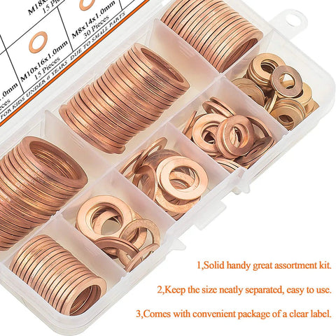 Copper Washers Kit 150Pcs 8 Sizes Metric Sealing Flat Washers Set for Plumbing and Auto in organized plastic box