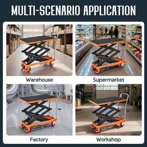 Heavy-Duty Hydraulic Lift Table Cart With Reliable Pump And Easy Operation Max Capacity 770 Lbs in warehouse, supermarket, factory, and workshop.
