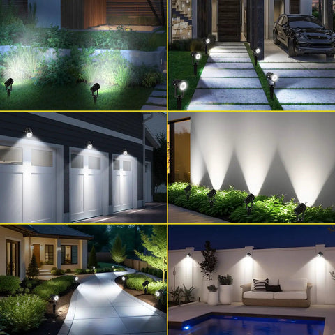 Homes illuminated by Dual Head 2W Solar Spotlight LED Outdoor Landscape Lights Waterproof Security Wall Lights for Backyard Patio Garden Auto On Off Cold White Solar Powered Easy No Wiring Installation No Fuss Setup.