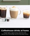 Espresso And Coffee Maker Barista System With Built In Frother Three Espresso Brew Styles Nespresso Capsule Compatible 19 Bar Pressure For Rich Crema At Home Cafe Quality Espresso Cappuccino And Latte Maker Black next to three brewed coffee drinks on a counter.