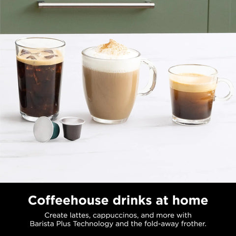 Espresso And Coffee Maker Barista System With Built In Frother Three Espresso Brew Styles Nespresso Capsule Compatible 19 Bar Pressure For Rich Crema At Home Cafe Quality Espresso Cappuccino And Latte Maker Black next to three brewed coffee drinks on a counter.