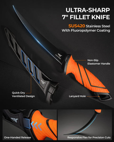 7in SUS420 fillet knife with fluoropolymer coating, non-slip handle, shown with sheath; part of All In One Fishing Tool Set With Corrosion Resistant Pliers Fillet Knife Scissors Lip Gripper And Multi Functional Jaw For Freshwater Bass Angling A Great Gift For Men.