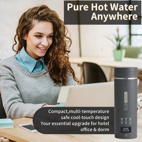 Woman using Travel Electric Kettle With 6 Temperature Presets, LCD Display, 304 Stainless Steel, 450ml Capacity, Auto Shutoff, Gray
