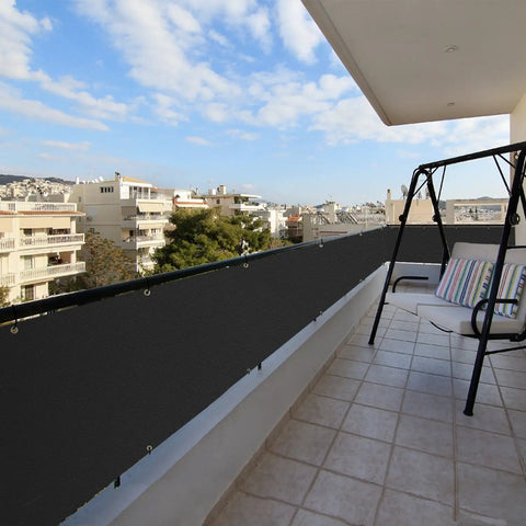 Outdoor Balcony Privacy Screen 3 Foot By 50 Foot For Railings And Fences, UV Blocking Mesh Net With Zip Ties, installed on balcony.