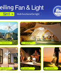 Collage of 5-in-1 ceiling fan with light in various outdoor settings; 17 Inch Ceiling Fan With Light And Remote Battery Powered Outdoor Hanging Fan For Gazebo Patio RV Camp Tent Greenhouse Porch Chicken Coop USB C Fast Charge 10800mAh Long Lasting Battery And All Day Breeze.