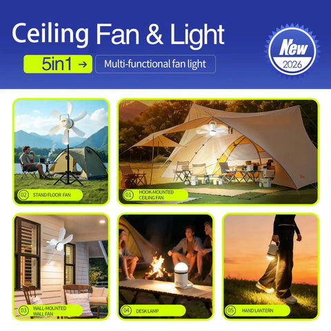 Collage of 5-in-1 ceiling fan with light in various outdoor settings; 17 Inch Ceiling Fan With Light And Remote Battery Powered Outdoor Hanging Fan For Gazebo Patio RV Camp Tent Greenhouse Porch Chicken Coop USB C Fast Charge 10800mAh Long Lasting Battery And All Day Breeze.