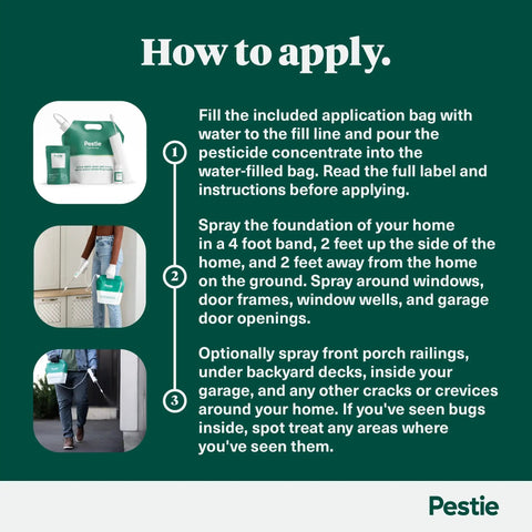 Instructions for using Pro Grade Pest Control Kit with images illustrating pest spray application on home foundation and porch.