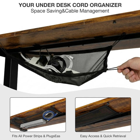 Electric Standing Desk With Easy Height Adjust, Memory Presets And Cable Management, Rustic Brown Sit Stand Desk showing cable organizer