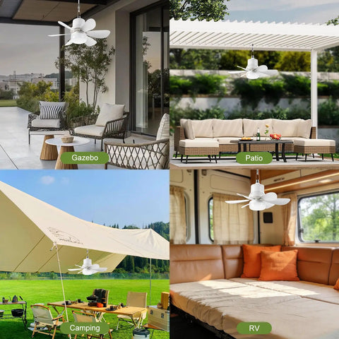 18 Inch Portable Canopy Ceiling Fan With Remote Wireless Battery Operated Light displayed in gazebo, patio, camping, and RV.