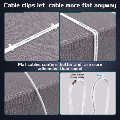 Close-up images of Cat 8 Ethernet Cable 100 Ft Heavy Duty Shielded SFTP Patch Cord for indoor and outdoor use, showcasing flat design.