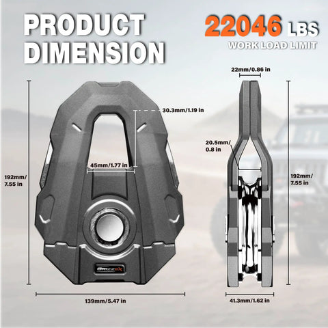 10 Ton Snatch Block, Heavy Duty Recovery Pulley With 22,046 Lbs Working Load Limit, 3/4 Inch Rope Diameter For Off Road Recovery, Towing, And Winching, Gray. Dimension chart