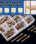 All In One M6 Gear Replacement Kit For Cribs Tables Chairs Cabinets And Furniture With Hex Socket Cap Screws Nuts Washers And Tools 138 Pc Set In Lengths Of 25 35 45 55 65 75 And 85 Mm displayed in a plastic organizer with screws and nuts.