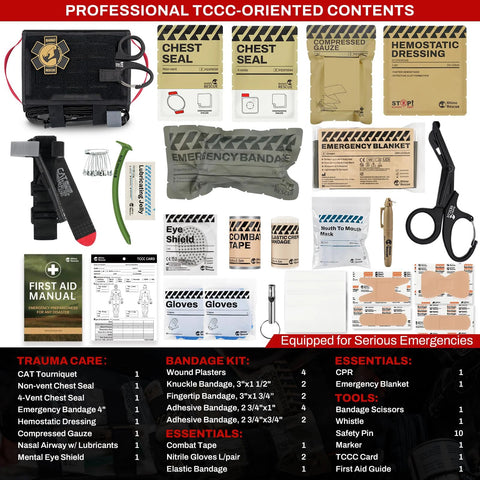 Rhino Rescue car tactical IFAK trauma kit in a MOLLE pouch with CAT tourniquet and vehicle first-aid supplies