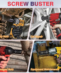 Collage showing 2-In-1 Lug Nut Removal Tool And Impact Socket Set With 1/2 Drive used on rusty nuts, car repair, and equipment maintenance