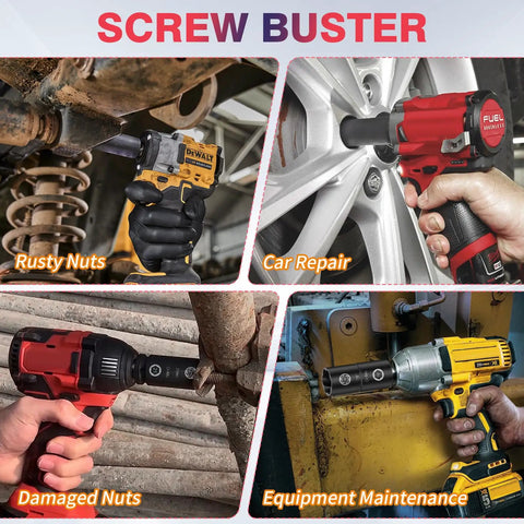 Collage showing 2-In-1 Lug Nut Removal Tool And Impact Socket Set With 1/2 Drive used on rusty nuts, car repair, and equipment maintenance