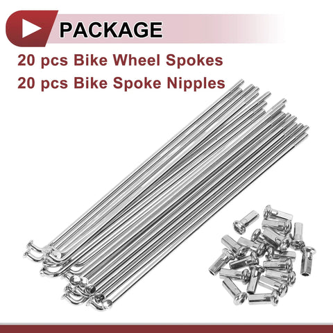Twenty Pack 12G Bicycle Spokes Set, 130mm Length, Silver Galvanized Carbon Steel Wheel Spokes For Most Rims, 2.5mm Diameter, Nipple Thread 12G, Dope Replacement Upgrade For Your Ride, shown with 20 spokes and nipples in packaging.