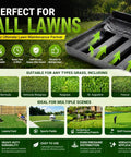 Heavy Duty Stainless Steel Lawn Leveling Rake With 28 To 60 Inch Adjustable Handle No Flip Design Keeps It Flat While You Push Smooth Edge Top Dressing Tool For Yard Garden And Lawn Care infographic promoting lawn compatibility and use cases.
