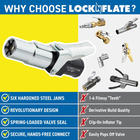 Locking Air Chuck With Six Steel Jaws That Grip Any Schrader Valve For Hands Free Tire Inflation, no leaks or slippage.