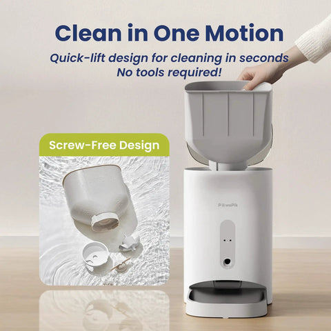 Super Slick Automatic Smart Pet Feeder With Crisp 2K Hd Camera And Nifty Smartphone App And 19 Cup Dry Kibble Dispenser For Cats And Dogs Keeping Them Fed On Autopilot With Voice Messages And Stress Free Scheduling, featuring easy quick-lift design for cleaning.