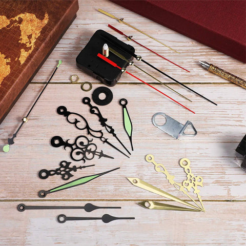 DIY Wall Clock Kit With Quartz Movements And Battery Operated Clock Motors displayed on wooden surface with various hands and numerals.