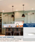 Canless Led Recessed Light Six Inch 3000K Warm White Yields A Sweet Nine Hundred Twenty Five Lumens At Lean Wattage For Real Bang Buck Savings Smooth Zero Cut Drywall Swap And Dead Nuts Reliable Wet Rating Bundled In Crisp White Finish Four Pack in a modern kitchen setting with olive green cabinets.