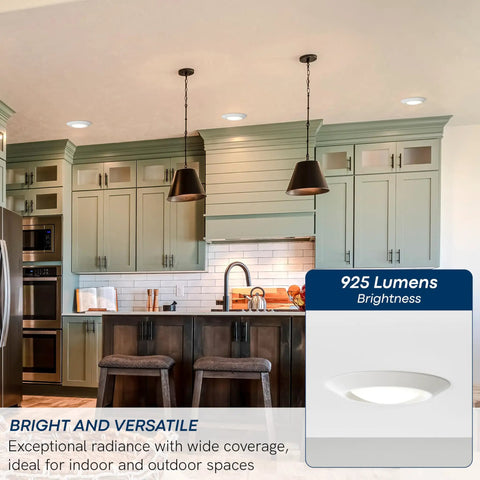 Canless Led Recessed Light Six Inch 3000K Warm White Yields A Sweet Nine Hundred Twenty Five Lumens At Lean Wattage For Real Bang Buck Savings Smooth Zero Cut Drywall Swap And Dead Nuts Reliable Wet Rating Bundled In Crisp White Finish Four Pack in a modern kitchen setting with olive green cabinets.