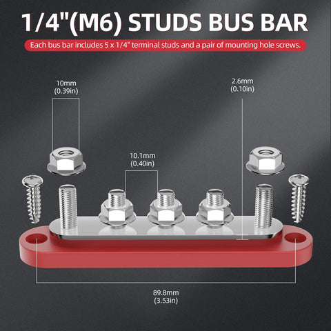 Compact Power Distribution Block With Cover, Five Quarter Inch Studs, Built Tough For Automotive Marine Use, High Current Bus Bar Terminal, 150 Amp, 48V DC 300V AC, Durable Nylon Base, Stainless Studs, Nickel Plated Copper Plate