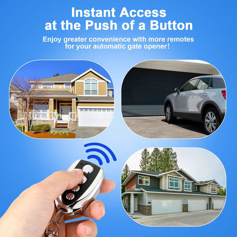 Person using 4 Pack Gate Opener Remote Cloning Kit For Garage Doors 433MHz Key Fob Replacement Works With 2264 2260 1527 FP527 2240 SMC918 Chips No Fuss Easy Install Backup Remotes For Quick Access And Security against house and car background.