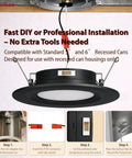 10 Pack 5/6 Inch Metal LED Recessed Lighting, Black Dimmable LED Can Lights with installation steps shown