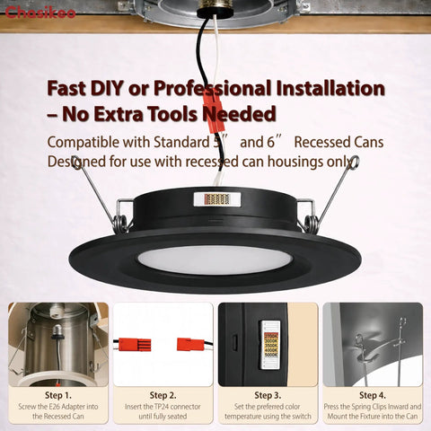 10 Pack 5/6 Inch Metal LED Recessed Lighting, Black Dimmable LED Can Lights with installation steps shown