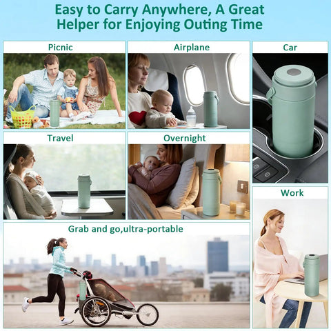 Portable Breast Milk Cooler That Beats The Heat Keeping Milk Super Crisp For Over 24 Hours With Full Surround Cooling Digital Temp Display And Two Leak Proof Flasks at a picnic and on a car cup holder.