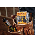 Impact Driver Bit Set 35-Piece With Connectable Storage System in tool belt, showing Boss Bit Bar Design and clear lid for quick check.