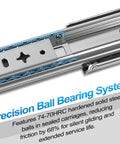 Close-up of steel ball bearing system in Heavy Duty 20 Inch Drawer Slides Full Extension Locking Ball Bearing Rails For Side Mount Cabinets 250 LB Load Capacity 53mm Width With Lock Built Tough Steel For Smooth Quiet Drawers.