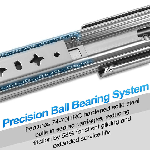 Close-up of steel ball bearing system in Heavy Duty 20 Inch Drawer Slides Full Extension Locking Ball Bearing Rails For Side Mount Cabinets 250 LB Load Capacity 53mm Width With Lock Built Tough Steel For Smooth Quiet Drawers.
