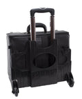 Back view of Patented Detachable Wheeled 17 Inch Leather Catalog Briefcase Workhorse with handle and wheels, black