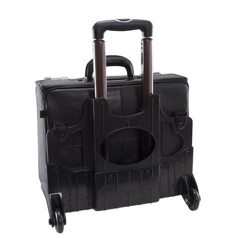 Back view of Patented Detachable Wheeled 17 Inch Leather Catalog Briefcase Workhorse with handle and wheels, black