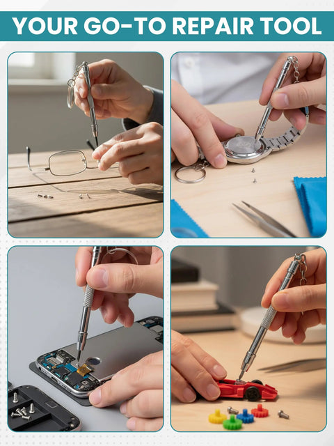 Silver Stainless Steel Eyeglass Repair Kit With 5 In 1 Mini Precision Screwdriver Set for glasses, watches, and electronics use.