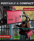 Person carrying 130 Amp MIG Welder With Flux Core, Lift TIG And Stick 3 In 1 Portable Inverter Gasless Welder, Synergy Control, 110V, Weld Gun.