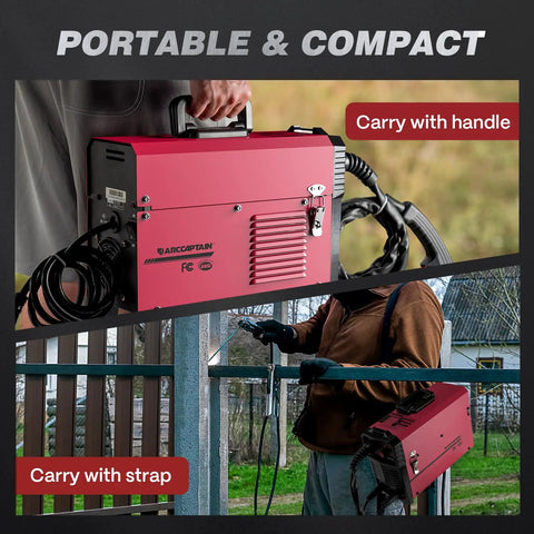 Person carrying 130 Amp MIG Welder With Flux Core, Lift TIG And Stick 3 In 1 Portable Inverter Gasless Welder, Synergy Control, 110V, Weld Gun.